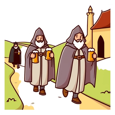 medieval pilgrims walking on a journey path with cloaks and beer bottles sticker