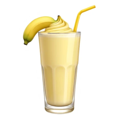A 3D cartoon glass of banana shake, light yellow creamy texture, straw and banana slice garnish, glossy reflection, natural daylight, Memoji-style. sticker