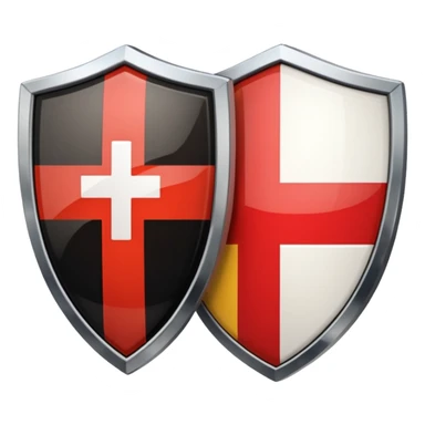 security shield. The shield is vertically divided: the left half displays the Swiss flag (red with white cross), and the right half displays the German flag (black, red, gold horizontal stripes) sticker
