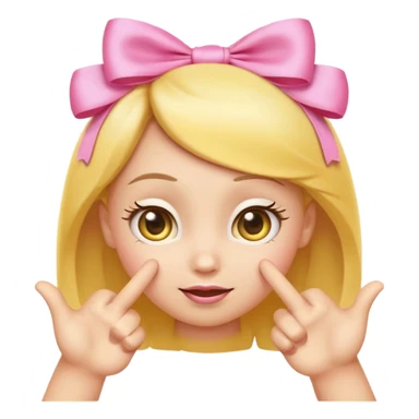 Cute yellow emoji face with big pleading shiny eyes, raised curved eyebrows, small shy smile, and both hands pointing index fingers toward each other. Add two small pink satin bows on top corners of the head. iOS-style, smooth digital look sticker