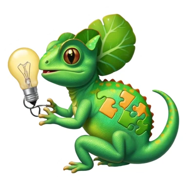 cameleon qui tien une piece de puzzle dans une main et une ampoule dans l'autre et un cerveau sur la langue sticker