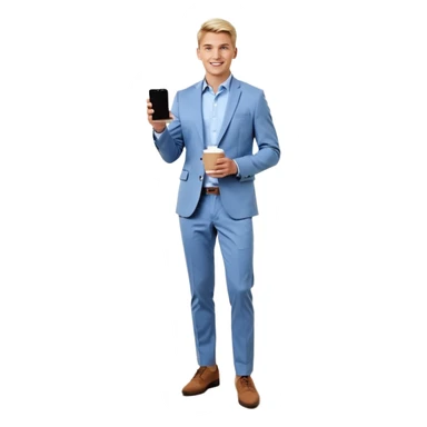 Confident and outgoing male entrepreneur, Caucasian features, short blonde hair, big friendly smile, expressive eyes, wearing a blue blazer over a light blue shirt, dark trousers and brown shoes, holding a smartphone in one hand and a coffee cup in the other, standing pose, full-body, front-facing sticker
