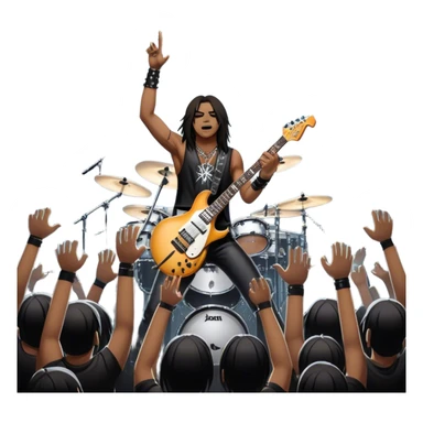 Icon for Heavy Metal: a metal band on stage, with electric guitars, drums, and a powerful vocalist. The atmosphere is intense with flashing lights, music notes, and a crowd of fans. The design should capture the energy and power of a live heavy metal performance. Transparent background. sticker