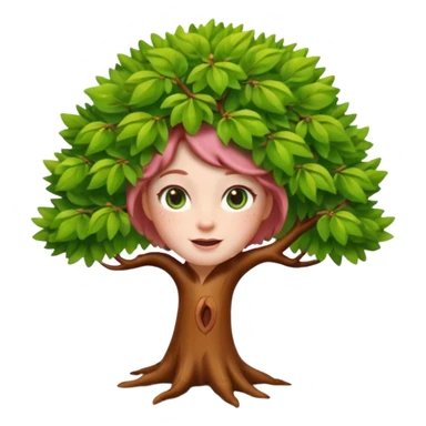 Style memoji iphone. Un petit sapin vert sylvestre, féminin, regard malicieux, tâches de rousseurs délicates, joues roses. Yeux de biche brillants en forme amande, yeux couleur ambre, tronc couleur acajou. Sapin en mouvement, incurvé pour un effet vivant. sticker
