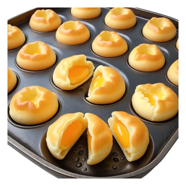 3D rendered authentic Hong Kong egg puffs (港式鸡蛋仔) being made in traditional iron mold, half-open showing bubble formation, golden batter, hyper-realistic texture sticker