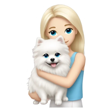 Blond girl white skin blue eyes hugging white Pomeranian with light pink bow sticker