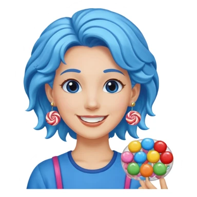 candy shop vendor, looking like candy with candy earrings and candy hair with big smile and blue sticker