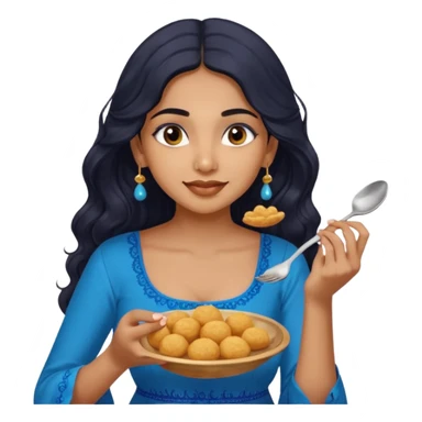 a pretty tan indian bratz girl with wavy long BLACK hair. eyeliner on, wearing a blue kurti, eating golgappa (without spoon) sticker