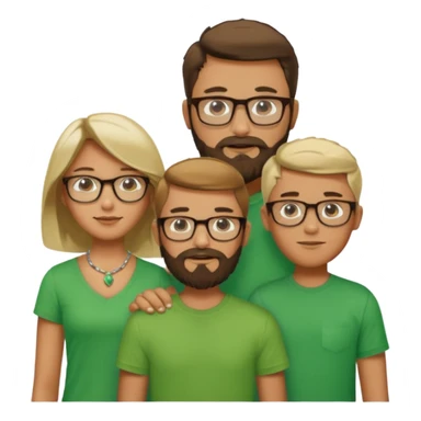 A family consisting of a man who's bearded, tanned, wearing glasses, a woman, slightly tanned, and a 14 year old teenage boy, slightly tanned, wearing a green t-shirt sticker