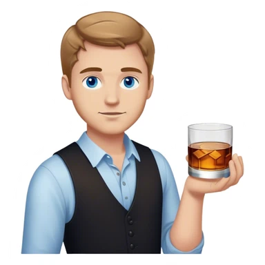 white guy light brown hair blue eyes wearing black holding whiskey sticker