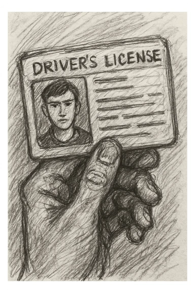 A driver's license in a hand-drawn sketch style with visible pencil lines. sticker