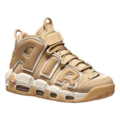 Beige Nike Air More Uptempo sneakers with large AIR letters on the sides, with one sneaker positioned slightly behind the other sticker