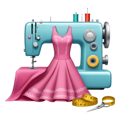 Sewing icon, measuring tape, pins, scissors, and a dress in progress, sewing machine with thread, visible needle, spools of thread, fabric pieces cut according to patterns, minimalistic style, clean lines, transparent background. sticker