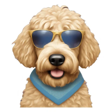 Golden doodle wearing a tye shirt and Lennon shades sticker