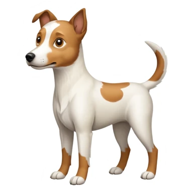 a full body white parson russell looking dog the size of a kelpie with light brown ears and a light brown patch on one eye and a large snout sticker
