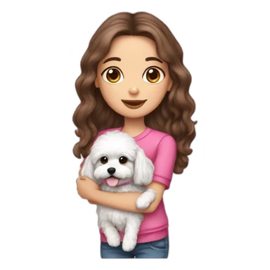 girl brunette with long hair hold on the hand, dressed small white puppy girl maltipoo with pink collar sticker