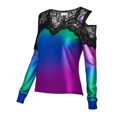 Realistic isolated side view of a metallic cobalt blue,magenta,and pistachio green ombre low cut cold shoulder blouse with long black lace sleeves. sticker