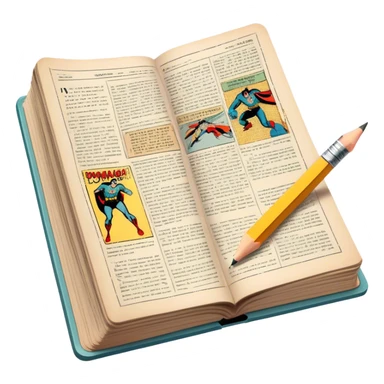 Create a detailed emoji representing the process of writing texts for comic books. The design should feature a large, open comic book with vintage comic strips visible on its pages. A pencil should be shown writing text on one of the comic panels, but without a hand. The pencil should appear as though it is actively creating the dialogue or narration. Use a classic color palette with muted tones for the comic book and brighter accents on the pencil to draw attention to the writing process. Do not include any emojis or smiley faces. Make the background transparent. sticker