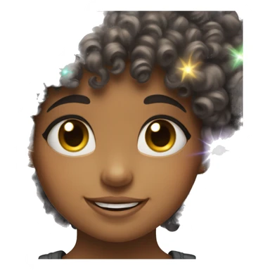 A cute girl with bangs with sparkles around her ad curly hair, smiling(also bubbles around her) sticker
