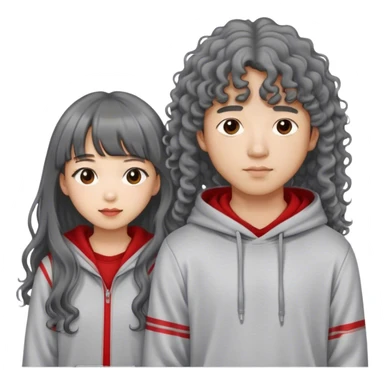Asian couple boy with long korean hair style with grey hoodie and the girl with long curly hair with bang and stripe red long sleeve sticker