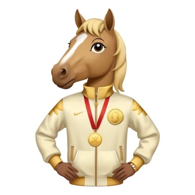 anthropomorphised horse in a hip-hop outfit, wearing a gold medal sticker