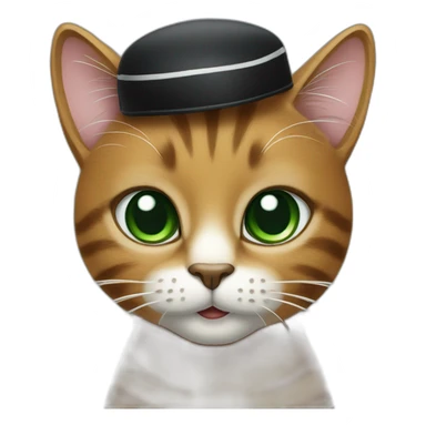 Brown cat with black stripes and white mustache and the contour of the white mouth and green eyes with a brush pencil and a beret sticker