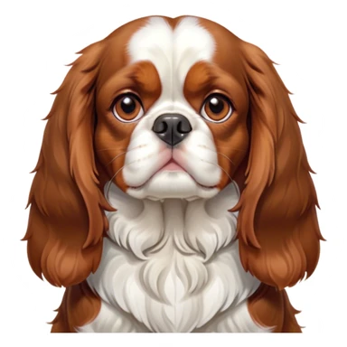 Cinematic Grumpy Blenheim Cavalier King Charles Spaniel Portrait Emoji, Head tilted slightly with a deeply unimpressed expression, thick Blenheim coat with pronounced chestnut and white markings, large, droopy brown eyes narrowed into an unamused glare, ears slightly drooping in exasperation, Simplified yet comically expressive features, highly detailed, glowing with a dry, sarcastic glow, high shine, effortlessly judgmental yet dignified, stylized with a touch of cynicism, bright but brooding, soft glowing outline, capturing the essence of an eternally unimpressed yet endearing companion, so lifelike it feels like it could sigh heavily at you in disdain at any moment! sticker
