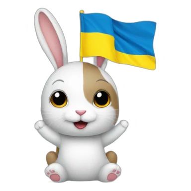A rabbit holds a Ukrainian flag sticker