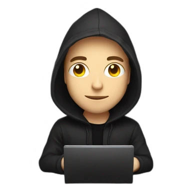 Young white developer with a black hood behind his laptop on a desktop sticker