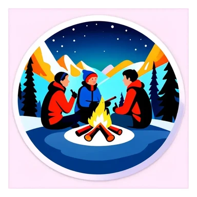 Drei Personen, Lagerfeuer in schneebedeckten Wald mit Nordlichtern am Himmel sticker