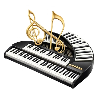 Create an elegant and festive emoji collage representing keyboard instruments, styled like a heraldic emblem. The design should feature a central focal point of black and white piano keys, arranged in a semi-circular or shield-like shape. Around the piano keys, add intertwining musical notes that form flowing ribbons, creating a dynamic and celebratory atmosphere. The design should be professional, with polished silver and gold accents on the keys and notes, highlighting the luxury and sophistication of the instruments. Add subtle shading and lighting effects to give the design a refined, 3D appearance. The background should remain transparent, and the overall feel should evoke grandeur, artistry, and a sense of celebration. sticker