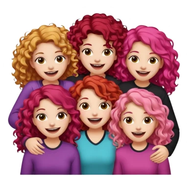 5 girls  curly redhead, one with brunette dyed blonde hair, one long haired wavy brunette, one mid-length haired brunette, and one black haired girl with partially dyed bright red/pink hair sticker