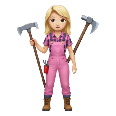 lumberjack blonde woman holding axe pink checked shirt and overall sticker