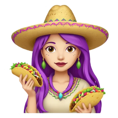 woman holding taco with purple long hair and hat on head  sticker