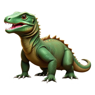cinematic-komodo-dragon-realistic-full-body-on all fours-emoji,-massive-scaled-body-poised-with-quiet-power,-rough-textured-skin-dark-green-and-brown,-head-tilted-dramatically,-long-forked-tongue-flicking-out,-simplified-yet-realistic-focused-features,-highly-detailed,-glowing-with-an-almost-sarcastic-glow sticker