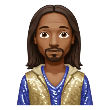 Snoop Dogg with long dark brown hair, periwinkle sequin crop top, cream sequin baggy pants sticker