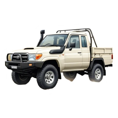 Toyota LandCruiser 70 Series (2021) – Cinematic-realistic Toyota LandCruiser 70 Series ute, its rugged white frame bouncing over rough farm tracks. Dust billows behind as the vehicle powers across dry paddocks, a trusty farm dog perched in the tray, scanning the horizon. sticker