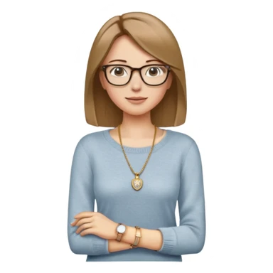 Cheveux : Mi-longs, lisses, châtain clair 	•	Accessoires : Lunettes de vue, collier avec un pendentif 	•	Tenue : Pull gris, jean clair, bracelet doré 	•	Posture : Décontractée, légèrement penchée sur le côté 	•	Expression : Détendue, bouche légèrement entrouverte sticker