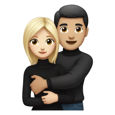 Blonde girl with blue eyes in black sweater and an east asian man with black hair and black eyes hugging sticker