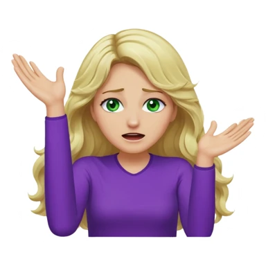 lady with long wavy blonde hair, purple top, green eyes, throwing her hands in the air crying sticker