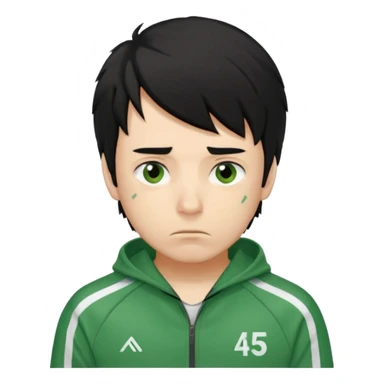 squid game player 456
Hair: Messy, medium-length black hair 🖤💇‍♂️
Face: Tired eyes, often anxious or nervous look 😟👀
Clothes: Green tracksuit with white stripes 🟢👟 (number 456 on his chest)


 sticker