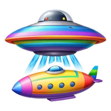 A colorful rainbow crayon character riding on top of a flying saucer UFO in space sticker