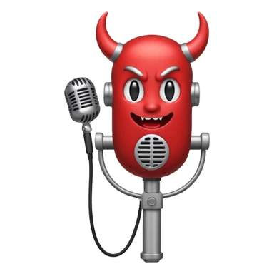 Minimalist emoji-style sticker of a classic retro microphone with small devil horns and a subtle tail wrapping the base. Grayscale with slight red accents.
 sticker