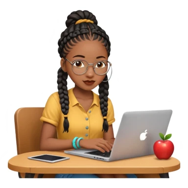 stylish black girl with braids typing on an Apple laptop, playful, bright atmosphere sticker