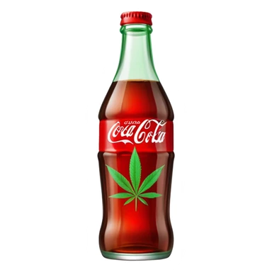 iconic curved Coca-Cola style glass bottle in red with a green cannabis leaf printed on it sticker