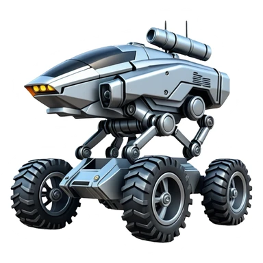 Futuristic jumping four-wheel armored canine sporty self-balancing massive mech trail assault vehicle motor-in-wheel side-hill leaning actively robotically articulating hydraulic independent suspended pod gimbal defender antique off-road racing rover with large fast engine basher crawler megatron  sticker