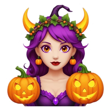 female-succubus-emoji,-red-skin,-purple-eyes,-elegant-face,-pumpkin-wreath-on-head,-with,-holding-small-glowing-pumpkin-lantern,-halloween-fantasy sticker
