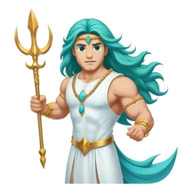 Muscular turquoisecolored long hair man white dress gold bracelet holding trident sticker