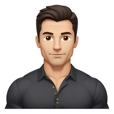 Muscular buff man in his 40s with youthful appearance, light brown skin, elongated face, defined jawline, attractive smirk, medium dark eyes, arched eyebrows, straight nose, strong broad shoulders, medium wavy dark hair with modern style, wearing a black buttoned-up shirt sticker