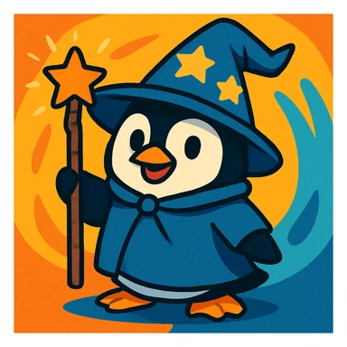 fun and whimsical penguin dressed as a wizard, with a pointed hat and a magic staff, vibrant toon style sticker